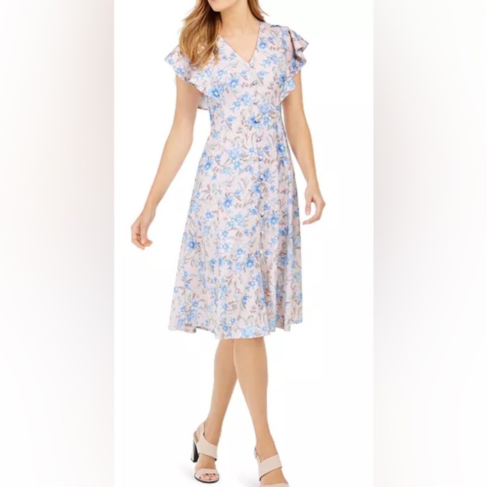 Calvin Klein Flutter Sleeve Floral Blue Cream Dress 2